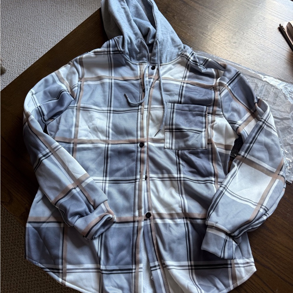 Plaid Hooded Jacket in Blue and White